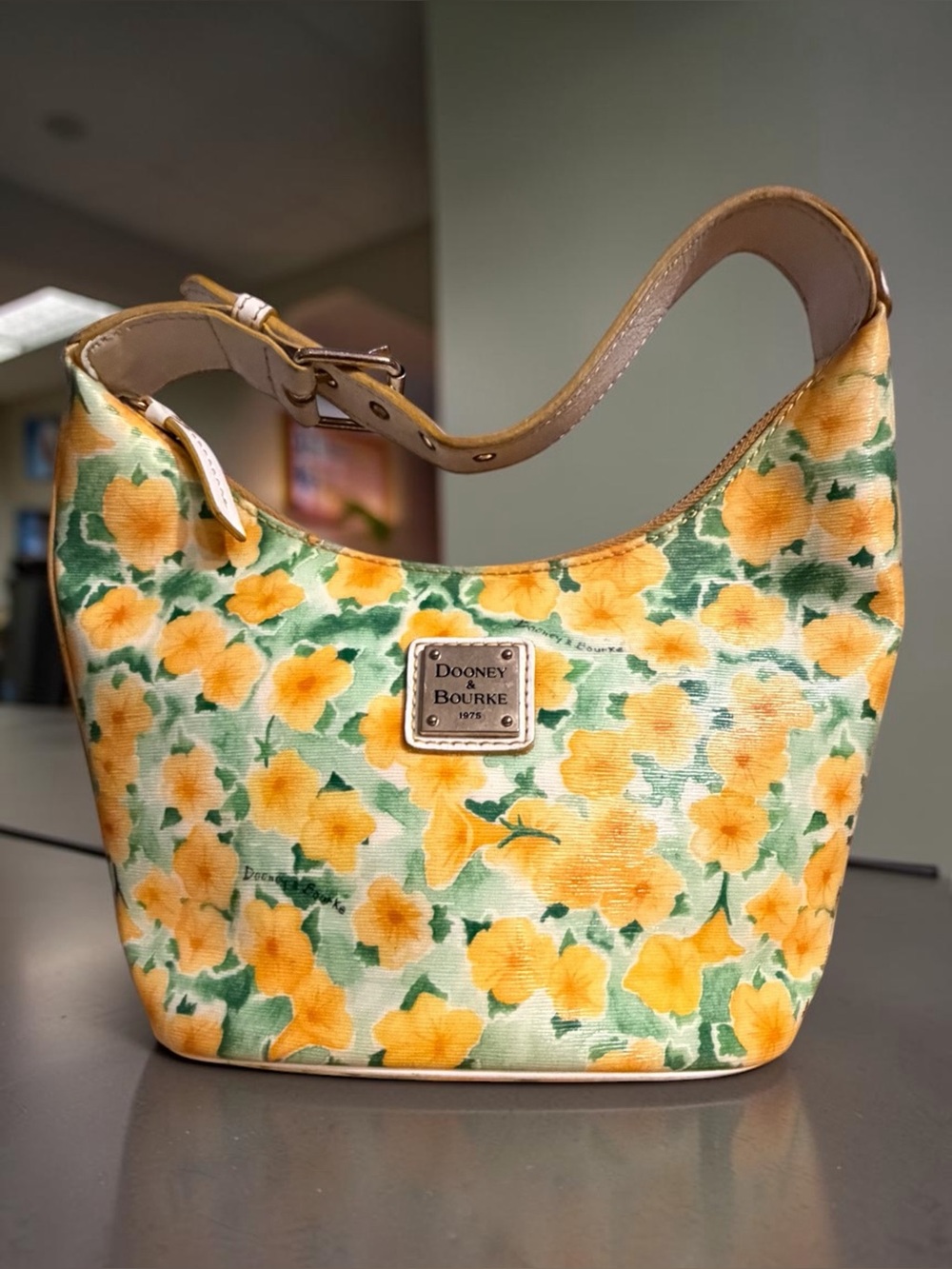 Dooney & Bourke Yellow Floral Canvas Shoulder Bag with Cream Trim